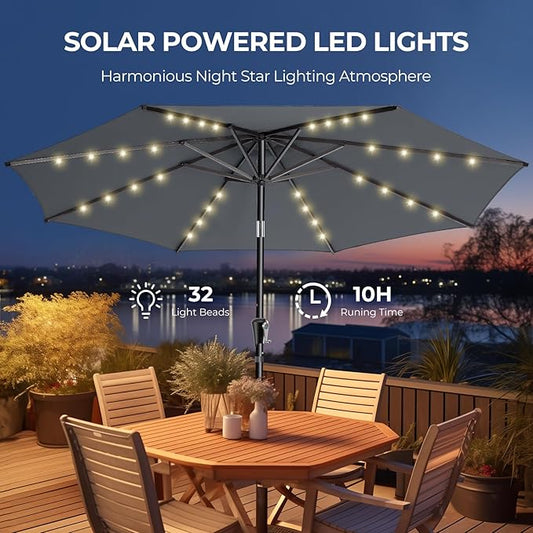 HOMSHADE 9ft Solar Patio Umbrella - Solar Lights LED Lighted Outdoor Market Table Umbrella, UPF50+ UV Protection with Push Button Tilt, Crank for Pool Deck and Garden (Dark Grey)