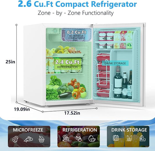 COWSAR 2.6 Cu.Ft Mini Fridge with Freezer, Quiet Reversible Door Compact Refrigerator, Small Refrigerator with 2 Removable Shelves, Adjustable Thermostat, for Office, Bedroom, Dorm, White