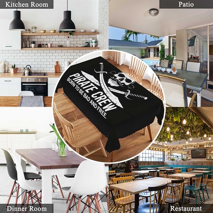 Swono Tablecloth 52"X70" Pirates Crew, Pirates Skull Crossed Sabers Black Rectangle Table Cover Anti-Oil Tablecloth for Dining Tables, Parties, Wedding and Banquet Decoration