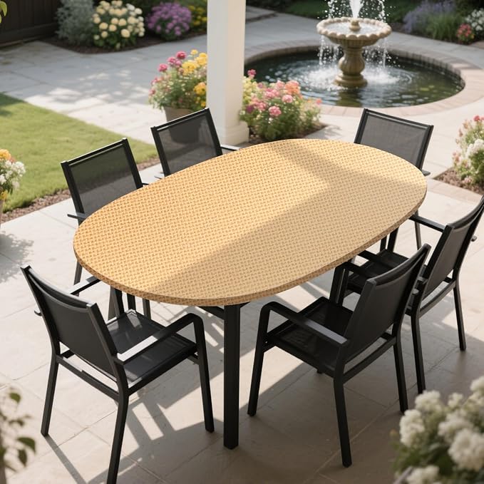 LIBERECOO Oval Fitted Tablecloth with Elastic, Waterproof Vinyl Tablecloth with Flannel Backing, Plain Weaves Pattern Wipeable & Reusable Plastic Table Cloth for Kitchen and Dining Room, 48" x 68"