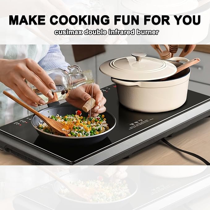 Electric Stove,Cusimax Electric Hot Plate for Home,9 Temperature and 1800w Power Level,Double Infrared Burner with Sensor Touch,Kids Safety Lock,Timer,Ceramic Countertop Stove