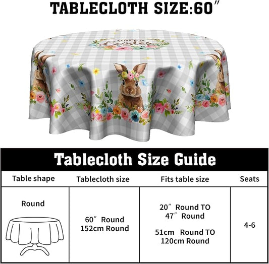 Sweetshow Happy Easter Wreath Table Cloth Round Colorful Flowers Grey White Buffalo Plaid Rabbit Tablecloth 70 Inch Decor Washable Stain and Wrinkle Spring Floral Round Table Cover for Dining Picnic