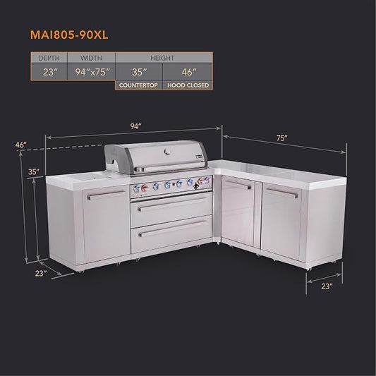 Mont Alpi Premium 94"W x 75"D x 46"H Stainless Steel L-shaped Modular Outdoor Kitchen Island with Infrared Side Burner + 44"W 6-Burner BBQ Gas Grill + Granite Countertops + Storage Cabinets + Drawers