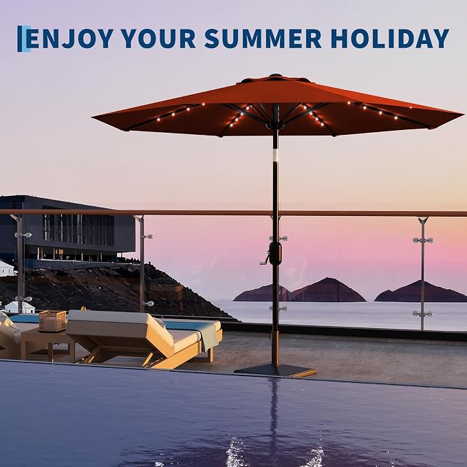Garvee patio Umbrella with Solar Lights, Outdoor Table Umbrella with 8 Durable Ribs, Tilt & Crank Mechanism, Waterproof & UV Protection for Garden, Backyard, Poolside,