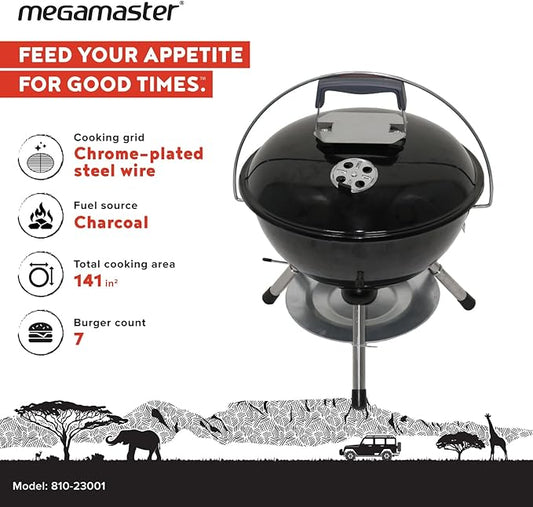 Megamaster 14.5" Portable Charcoal Barbecue Grill with Adjustable Air Vent, 141 SQ. In Cooking Area, Table Top Grill for Camping, Outdoor Cooking, Patios, and More - 810-23001