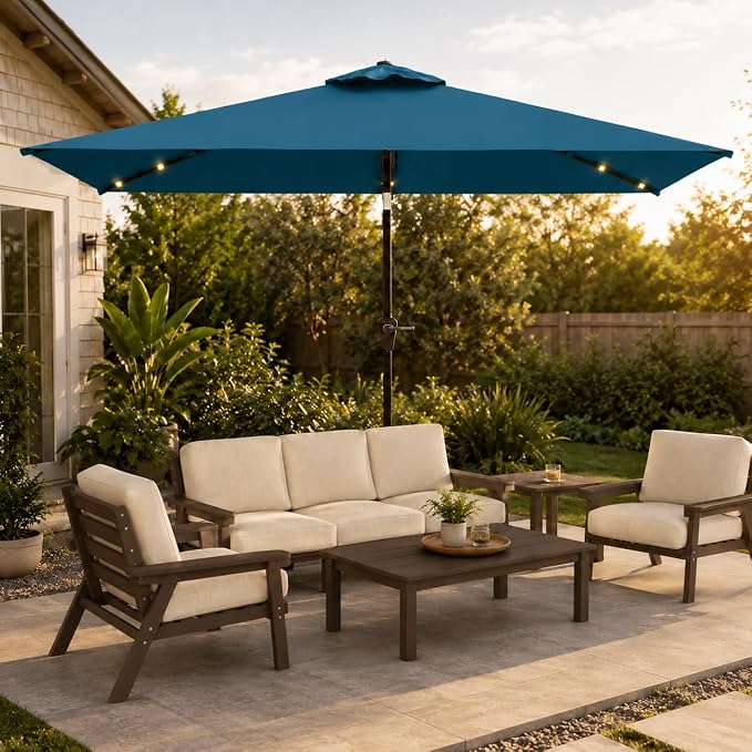 6.5 x 10ft Rectangular Patio Umbrella with Solar Lights, 16 LED Lighted Market Umbrella with Push-Button Tilt and Crank, 6 Sturdy Iron Ribs for Garden, Deck, Pool, Lake Blue