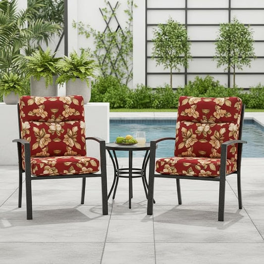 Outdoor Tufted High-Back Chair Cushions, One-Piece Hinged Seat and Back Design, Reversible with 4 Ties, Durable Polyester Fabric, Recycled Fiber Fill - Set of 2, Roma Floral