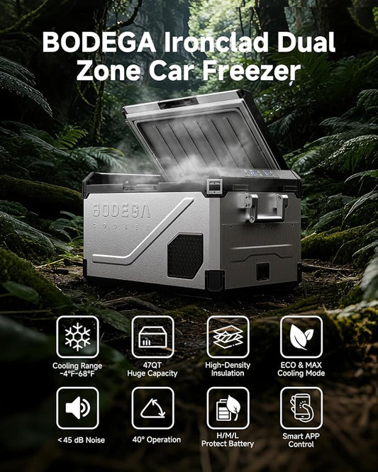 BODEGA Portable 12V Car Refrigerator, 47QT Stainless Steel Fridge with Removable Divider for Dual Zone MAX/ECO Modes & Battery Protection, Electric Cooler for RV, Truck, Camping