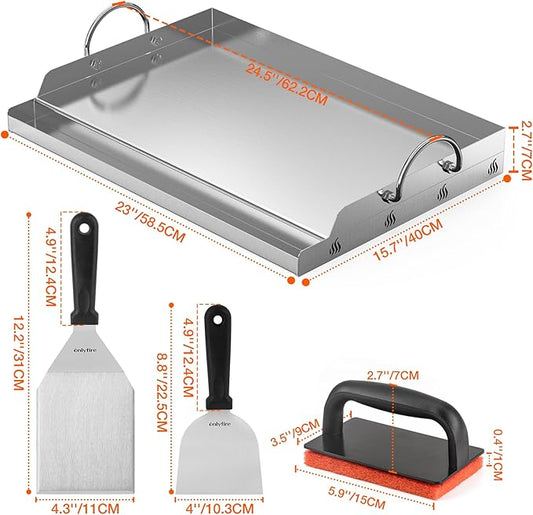 Onlyfire Griddle and Cooking Tool Kit, 23”x16” Outdoor Flat Top Griddle Plate with BBQ Scraper, Spatula and Scouring Pad for Gas and Charcoal Grills