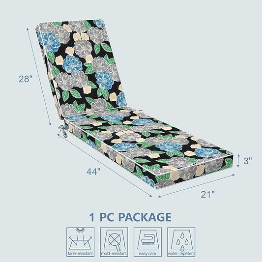 LVTXIII Outdoor Chaise Lounge Cushion 72x21x3 Inch, Water-Repellent Patio Seat Cushion with Ties & Hidden Zipper, Thick Foam Pad for Lawn Chair, Poolside, Patio Furniture, Sketch Peony