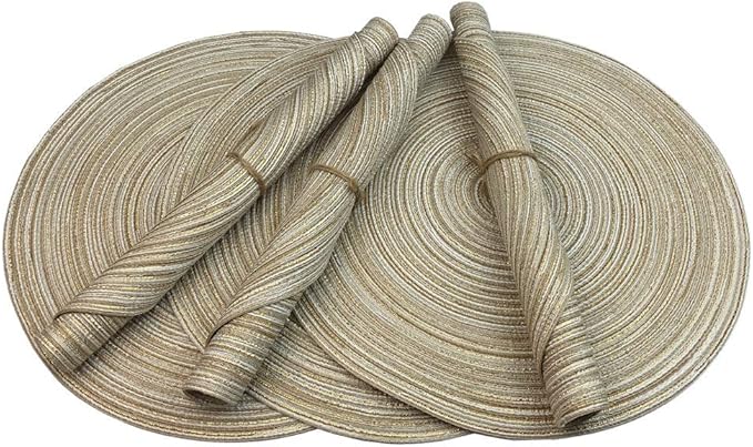WAZAIGUR Red-A,Placemats,Round Placemats for Dining Table Set of 6 Woven Heat Resistant Non-Slip Kitchen Table Mats Diameter 14 Inch(Cream with Golden Silk)