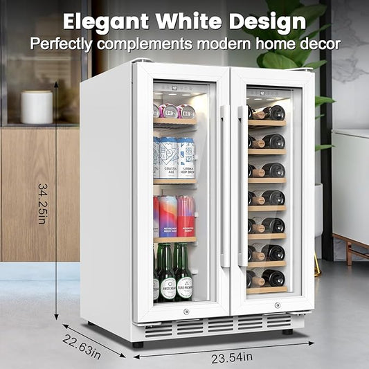 24 Inch Dual Zone Wine and Beverage Refrigerator - Under Counter Built-in/Free Standing Beverage Cooler with Glass Door,Beverage Fridge with Large Capacity, Advanced Cooling System, White