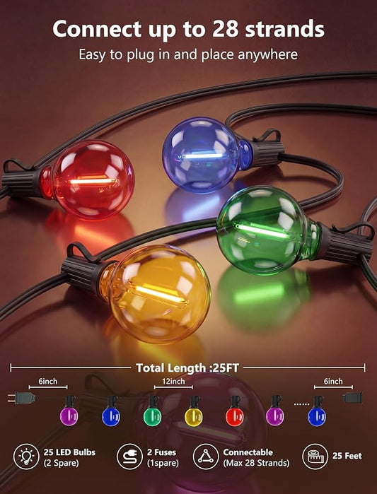 G40 LED Outdoor String Lights,25Ft Globe Multicolor Christmas Decorations String Lights with 27 Shatterproof LED Bulbs, Hanging Outdoor Patio Lights for Outside Backyard Porch Balcony Party- Black