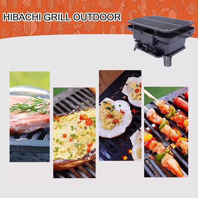 Cast Iron Hibachi Grill, Portable Charcoal Hibachi Grills with Double-Sided Grill Grate, 100% Cast Iron, Compact Camping Charcoal Cooker for Tailgating, Picnics & Hunting (Rectangle)