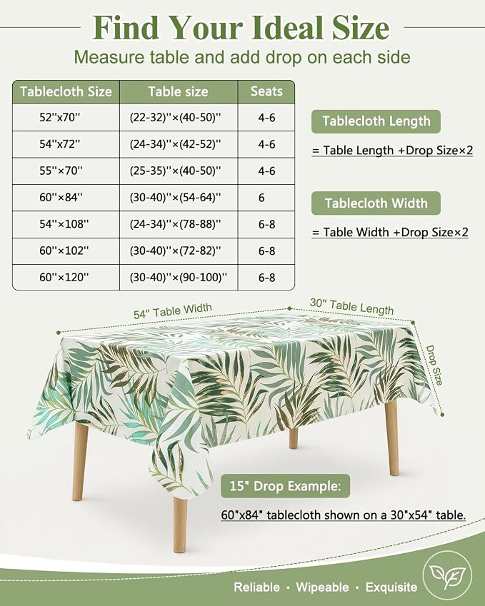 Seenus Summer Tropical Palm Leaf Tablecloth for Hawaiian Aloha Luau Party, Waterproof & Wipeable Eucalyptus Table Cloth with Flannel Backing for Outdoor BBQ & Patio Decor, Rectangle 60x84 Inch