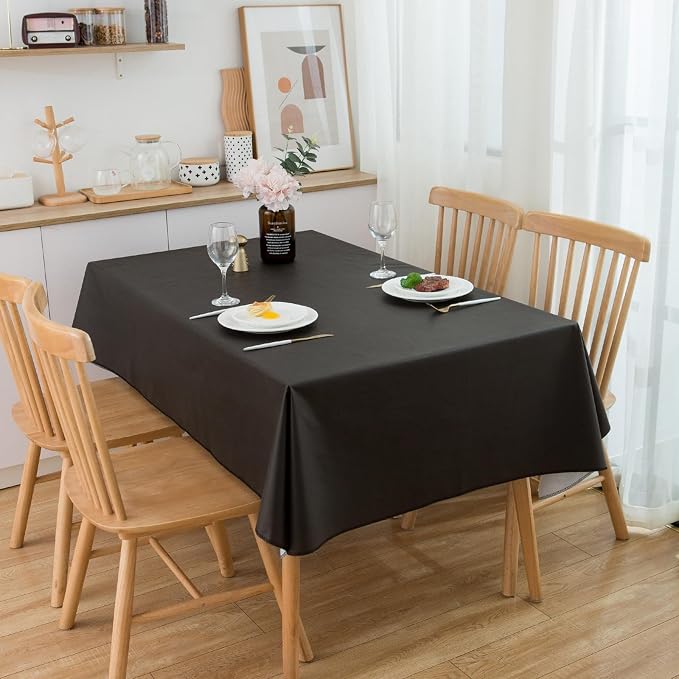 LIBERECOO Vinyl Tablecloth with Flannel Backing, Solid Black, Waterproof, Stain-Resistant, Easy-Clean Table Cover for Dining, Kitchen, and Outdoor Use, 60" x 84" Rectangle