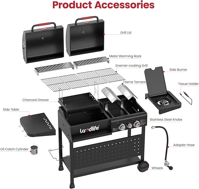 LAUDLIFE Gas and Charcoal Grill Combo with Side Burner, 3 Burners Propane BBQ Grill, 748 SQ.IN Cooking Space, Non-Stick Enamel Coating Grates, Heavy-Duty Stand for Backyard & Outdoor Barbecue