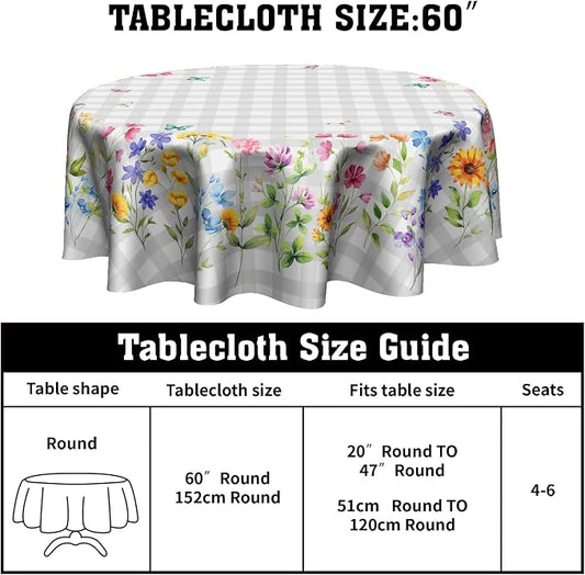 Sweetshow Spring Colorful Floral Table Cloth Round White Grey Buffalo Plaids Wildflower Butterflies Tablecloth 60 Inch Decor Washable Stain and Wrinkle Summer Round Table Cover for Dining Picnic