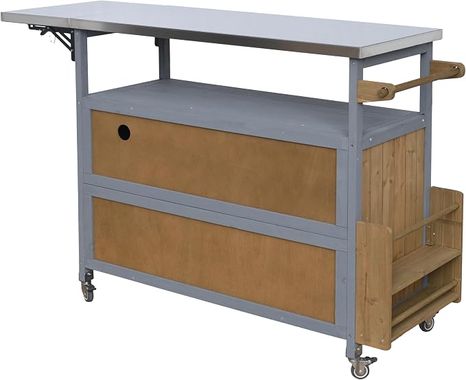 Christopher Knight Home Edsel Outdoor Bar Cart with Stainless Steel Top and Lockable Wheels, Solid Wood Outdoor Storage Cabinet, Kitchen Island Serving Cart for Poolside, Walnut Brown+Blue Gray