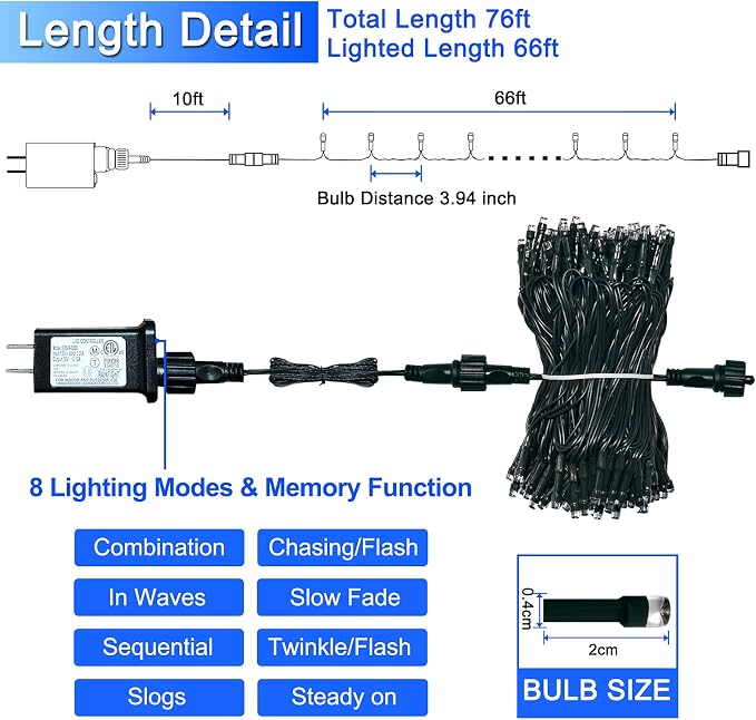 JMEXSUSS 66ft 200 LED Blue Christmas Lights Outdoor Plug in | Expandable String Lights Green Wire, 8 Modes Twinkle Tree Lights for Party Indoor Ceiling Beroom Patio Fence Yard Xmas Decor