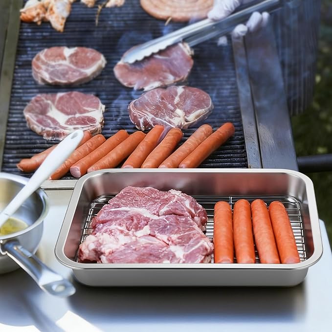 GOLDEN KEY Grilling Prep and Serve Tays,Stainless Steel Grill Carry System,Heat Resistant & Stackable,Grill Prep Trays Set of 5,Marinade Container with Lid and Cutting Board,Grilling Gifts for Men