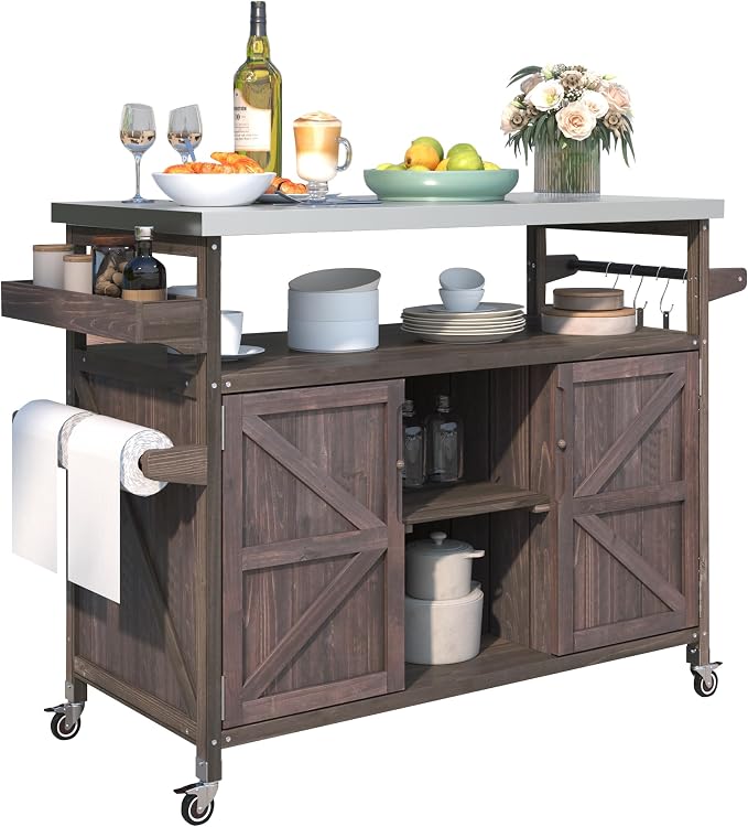 Outdoor Grill Cart with Storage, Rolling Bar Cart and Lockable Wheels, Farmhouse Solid Wood Outdoor Grill Table with Stainless Steel Top, Spice Rack, Towel Rack for Kitchen and BBQ, Dark Brown