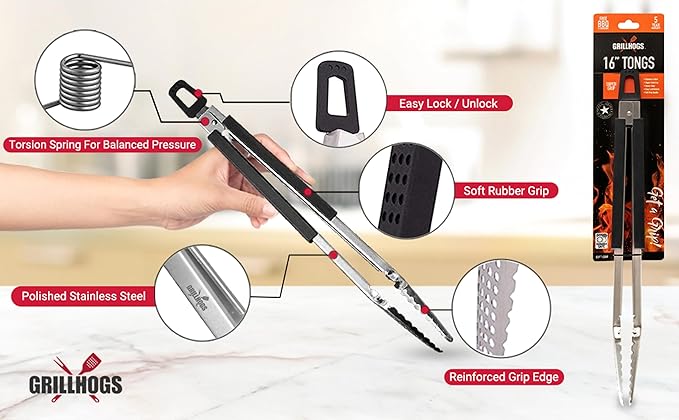 9", 12" and 16" Extra Long Tongs 18/0 Stainless Steel BBQ Grill Tongs with Durable Soft Grip Handle Grilling Accessory, Tongs for Cooking & Kitchen, Outdoor Barbecue, Easy to Clean - 3-Pack
