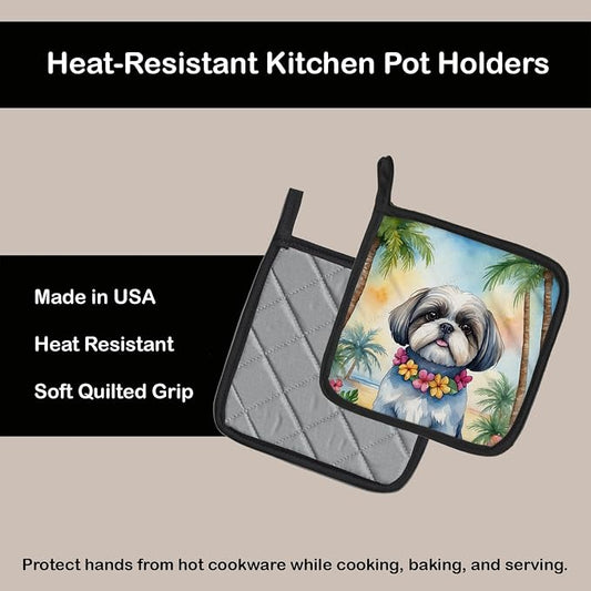 Caroline's Treasures Shih Tzu Luau Pair of Pot Holders Kitchen Heat Resistant Pot Holders Sets Oven Hot Pads for Cooking Baking BBQ, 7 1/2 x 7 1/2