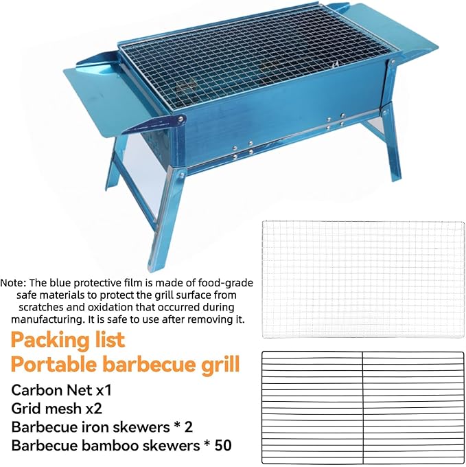 Foldable Portable Charcoal Grill 17.7x9.8 Inch Compact Small BBQ Grill Outdoor Cooking Stove Stainless Steel Folding Grill with Wood Skewers for Beach/Travel/Balcony/Camping/Backyard
