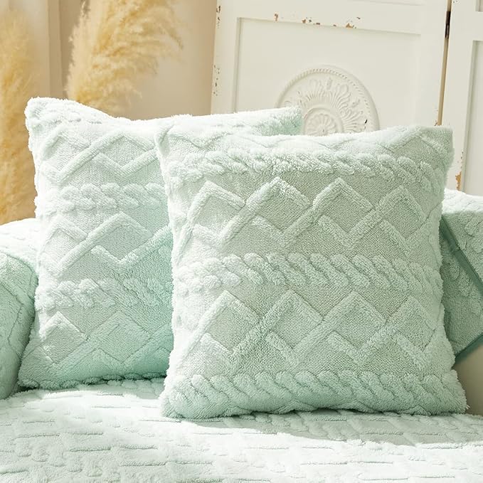 vctops Pack of 2 Geometric Jacquard Plush Throw Pillow Covers for Couch Bed Sofa Farmhouse Neutral Solid Color Soft Cushion Covers (Green,18"x18")
