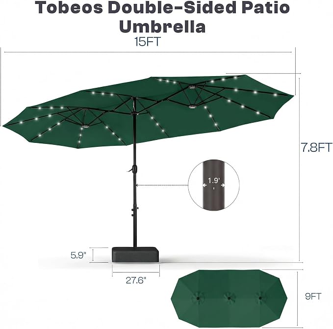 15ft Large Patio Umbrella with Solar Lights and Base, Double-Sided Outdoor Rectangle Umbrella with 48 LED Lights, Market Table Umbrellas with UV Resistant Canopy
