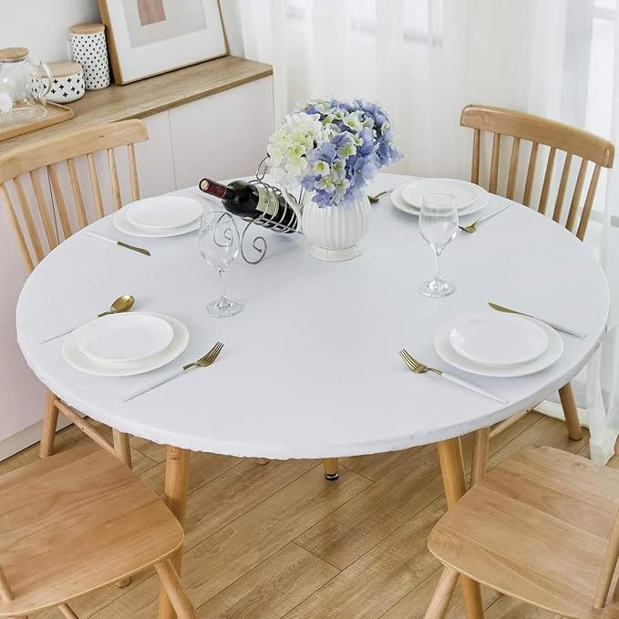 Romanstile Round Fitted Vinyl Tablecloth with Elastic Edge 100% Waterproof | Table Covers for 57"- 68" Tables, Wipeable Flannel Backed Plastic Table Cloths for Dinner, Picnic, Camping, Outdoor, White
