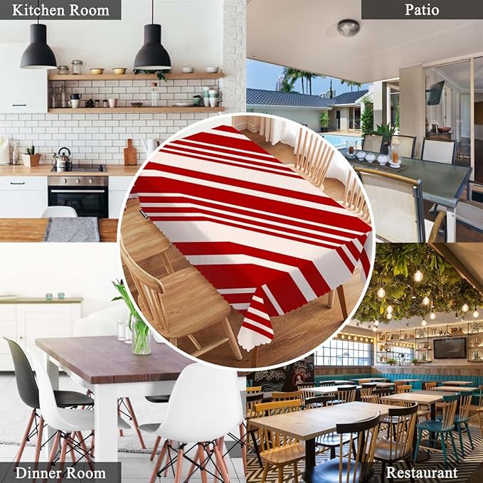 Swono Tablecloth 52"X70" Red and Cream Stripes, Christmas Pattern Candy Cane Lines Rectangle Table Cover Anti-Oil Tablecloth for Dining Tables, Parties, Wedding and Banquet Decoration