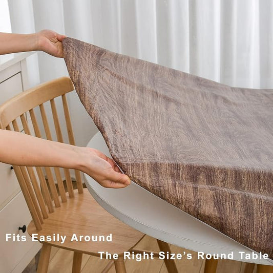 LIBERECOO Oval Tablecloth Vinyl Fitted Elastic Edge with Flannel Backing - Fits 48 x 68 Inch Oval Table - Walnut Wood Pattern - Waterproof Wipeable Table Cover