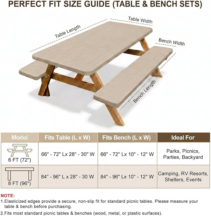 Picnic Table Cover with Bench Covers Windproof Waterproof Picnic Table Covers Camping Tablecloth with Self-Storage Bag, 72in, Light Brown