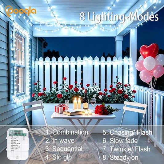 Pooqla 2 Pack String Lights Battery Operated, Total 66.6ft 200 LED Fairy Lights Indoor Outdoor Decorations, 8 Modes Cool White Battery Christmas Lights for Bedroom Classroom Porch Party Yard Decor