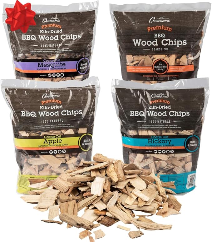 Camerons All Natural Wood Chips for Smoker, 4 Pack - Apple, Cherry, Hickory, Mesquite -260 Cu In Bag, Approx 2lbs ea - Kiln Dried Coarse BBQ Wood Chips- Barbecue Grilling Variety Pack Gift Set for Men