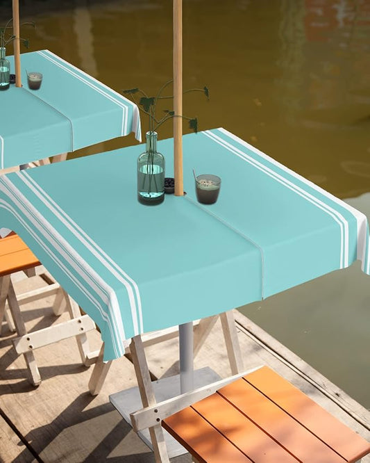 QueenKer Outdoor Tablecloth with Umbrella Hole, Farmhouse Teal White Stripe Square Tables Waterproof Tabletop Collection for Patio, Garden, Picnic, Camping, Dining 60 x 60 inch