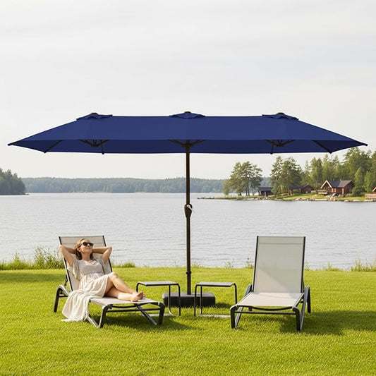 15FT Large Patio Umbrella with Base, Double Sided Rectangular Outdoor Umbrella with Sturdy Fiberglass Ribs, UPF 50+ Sun Protection, Wind-Resistant, Waterproof Fade-Resistant Fabric for Pool, Garden, Backyard, Deck(Navy)