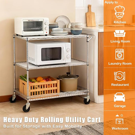 3-Tier Rolling Cart, Utility Metal Wire Cart, 30" D x 18" W x 35" H | 4'' Locking Wheels, Adjustable Shelves, 661 LBS Capacity, Complying with NSF, Heavy Duty, For Home Kitchen Garage Office