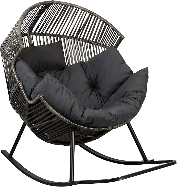 Shintenchi Wicker Egg Chair,Oversized Outdoor Indoor Rocking Chair, Large PE Rattan Rocking Chair with Cushion for Patio, Balcony, Backyard, Garden, Deep Grey
