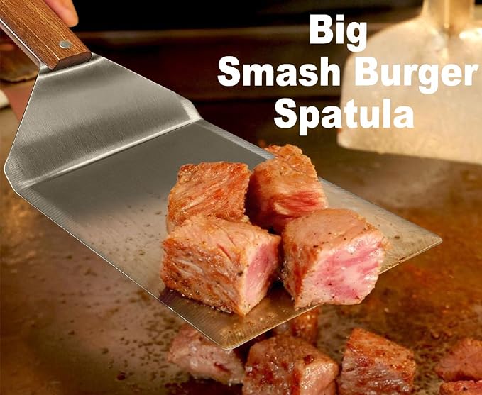 Set of 4 Stainless Steel BBQ Grill Spatula, Griddle Spatula for Blackstone | Metal Full Tang Wooden Handle,Beveled Edges for Cast Iron Blackstone Griddle, BBQ Grill Tools