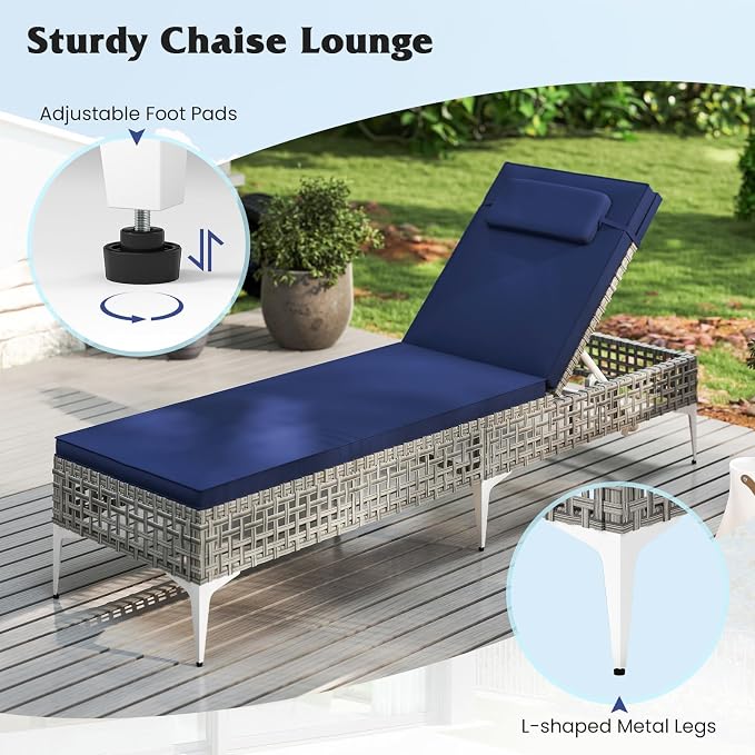 Tangkula Patio Chaise Lounge Chair, PE Wicker Reclining Sun Lounger with 6-Level Adjustable Backrest, Removable Cushion & Headrest, Outdoor Lounge Chair for Poolside, Deck, Backyard (1, Navy)