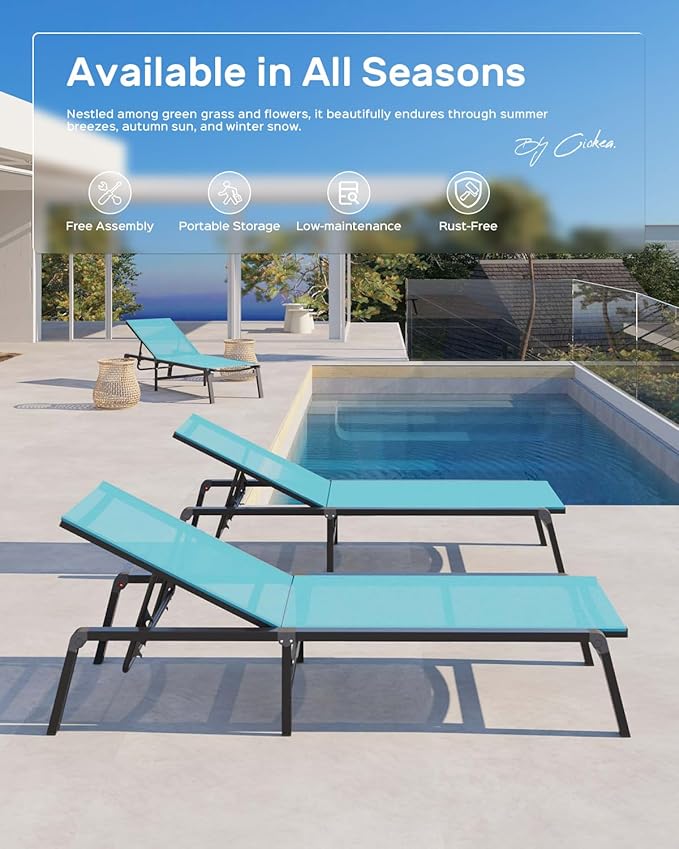 Patio Chaise Lounge Chair Set of 2, Foldable Lounge Chairs for Outside, Aluminum Chairs with 5 Adjustable Backrest, Outdoor Pool Lounger for Lawn, Poolside, Deck, Lake Blue