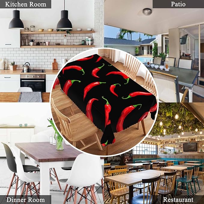 Swono Chili Pepper 52"X70" Oblong Table Cloth Red Hot Chili Pepper On Black Wrinkle Free Table Cover Farmhouse Tablecloth for Home Restaurant Picnic Indoor Outdoor Dining, 4-6 Seats