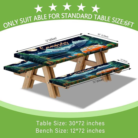 Picnic Table Cover with Bench Covers and Bag, Forest Mountain Lake Fitted Outdoor Table Covers, Camping Essentials, Windproof & Waterproof Tablecloth Cover with Elastic Edge, 3 PCS, 30x72 Inch