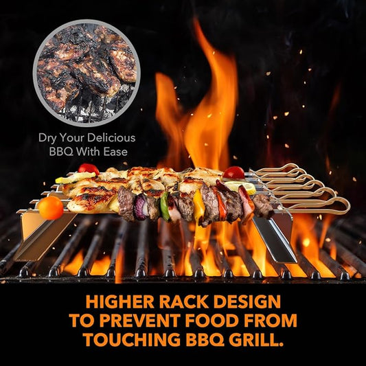Stainless Steel Shish Kabob Skewers - 17' Long, 0.35' Wide BBQ Skewers (Set of 6) + 2 Grill Racks + 1 Storage Case
