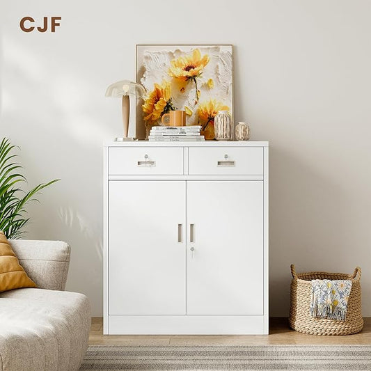 CJF Pantry Cabinet with 2 Drawer, Metal Pantry Storage Cabinets with Doors and 2 Adjustable Shelves, 36" H Locking Cabinet for Kitchen Storage, Home, Garage, Utility Room and Basement, White