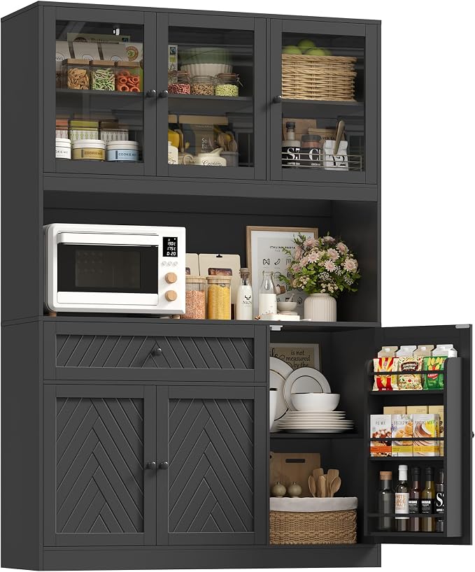BOTLOG 72” Tall Kitchen Pantry Storage Cabinet, Modern White Kitchen Hutch with Large Storage Drawer, Countertop, Adjustable Shelves, Food Pantry Cabinets for Dining Room, Living Room (Black) | Kitchen Hutch with Large Storage Drawer, Countertop, Adjus...