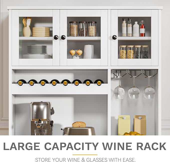DWVO 71''H Kitchen Pantry Storage Cabinet with Power Outlet, White | Tall Cabinet with Doors, Shelves & Drawer, Buffet Cabinet with Goblet Holder and Wine Rack for Kitchen, Living Room